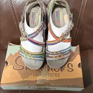 Skechers Women's White Sandals with Multicolor Woven Straps